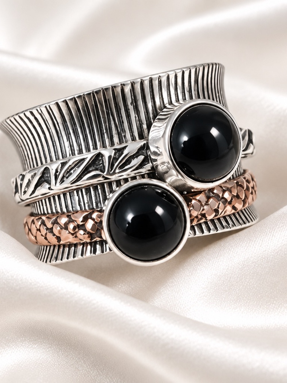 Sterling Silver & Rose gold color Silver Black Onyx Spinner Ring sz 7